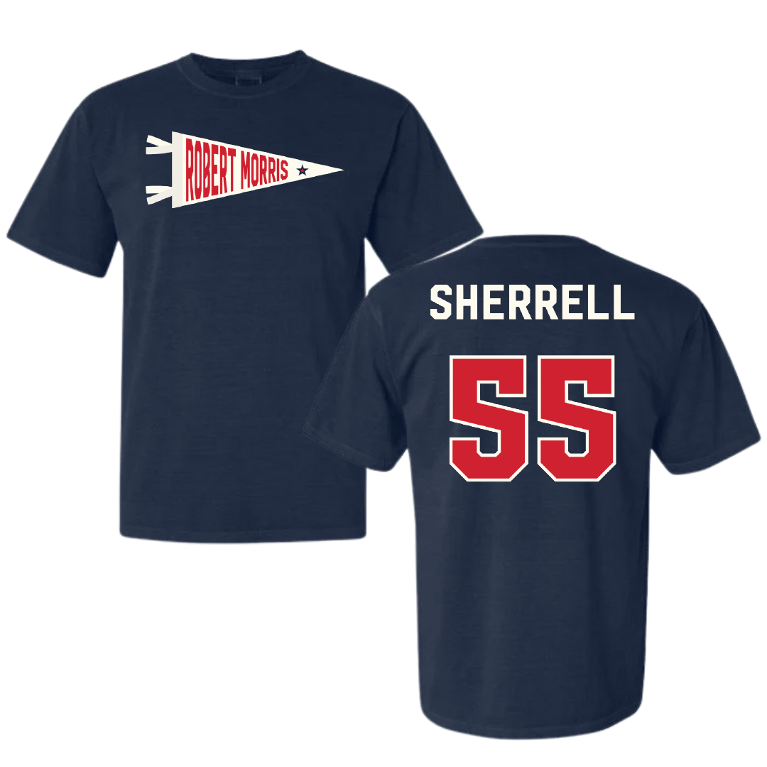 Robert Morris University Football Navy Pennant Comfort Colors Tee - #55 Tayvon Sherrell
