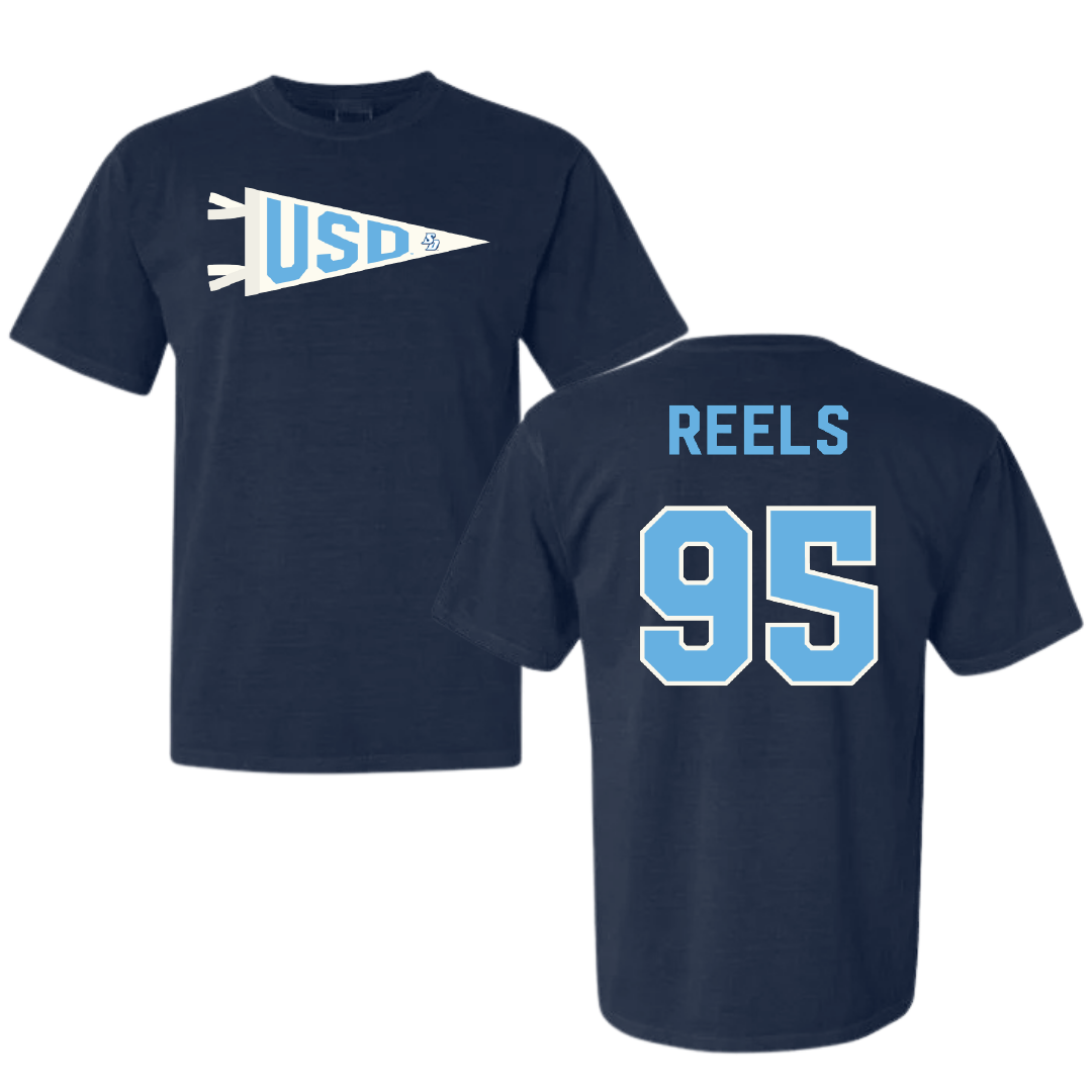 University of San Diego Football Navy Pennant Comfort Colors Tee - #95 Jae’Von Reels