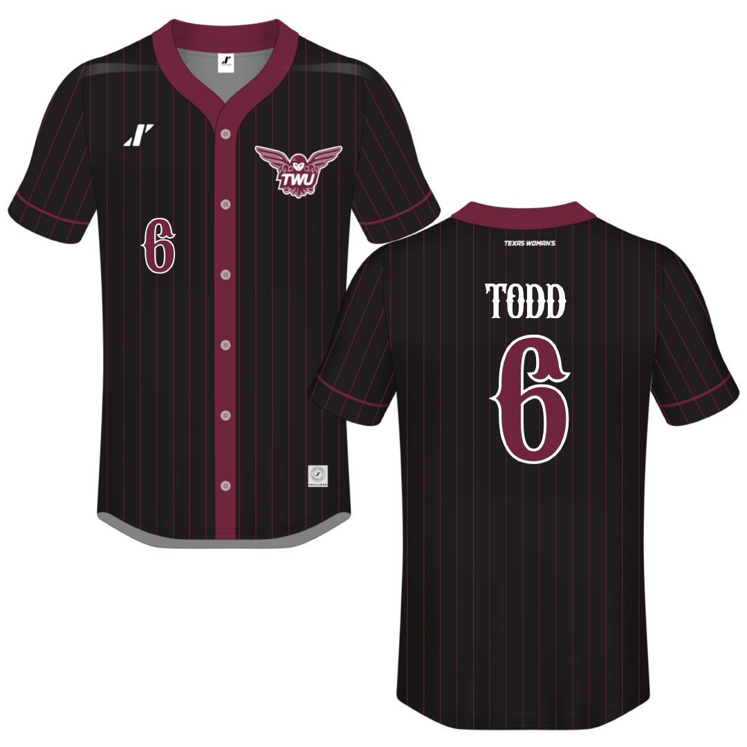 Texas Woman's University Black Pinstripe Button-Down Jersey - #6 Riley Todd