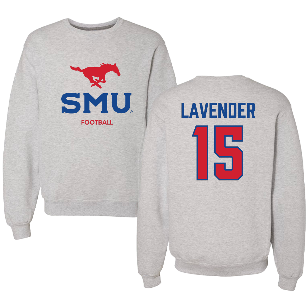 Southern Methodist University Football Light Gray Crewneck - #15 Jaxson Lavender