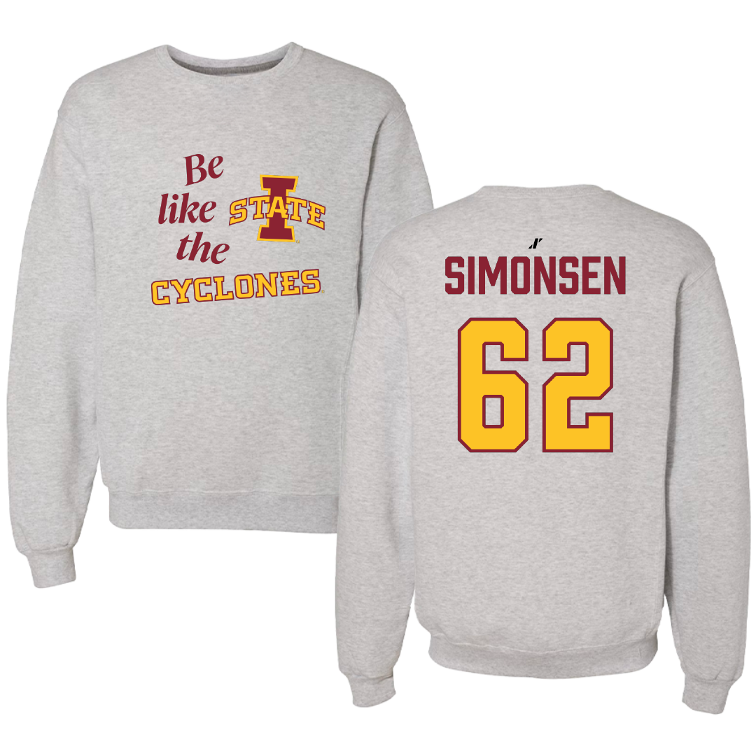Iowa State University Football Light Gray Be Like Us Crewneck - #62 Braden Simonsen