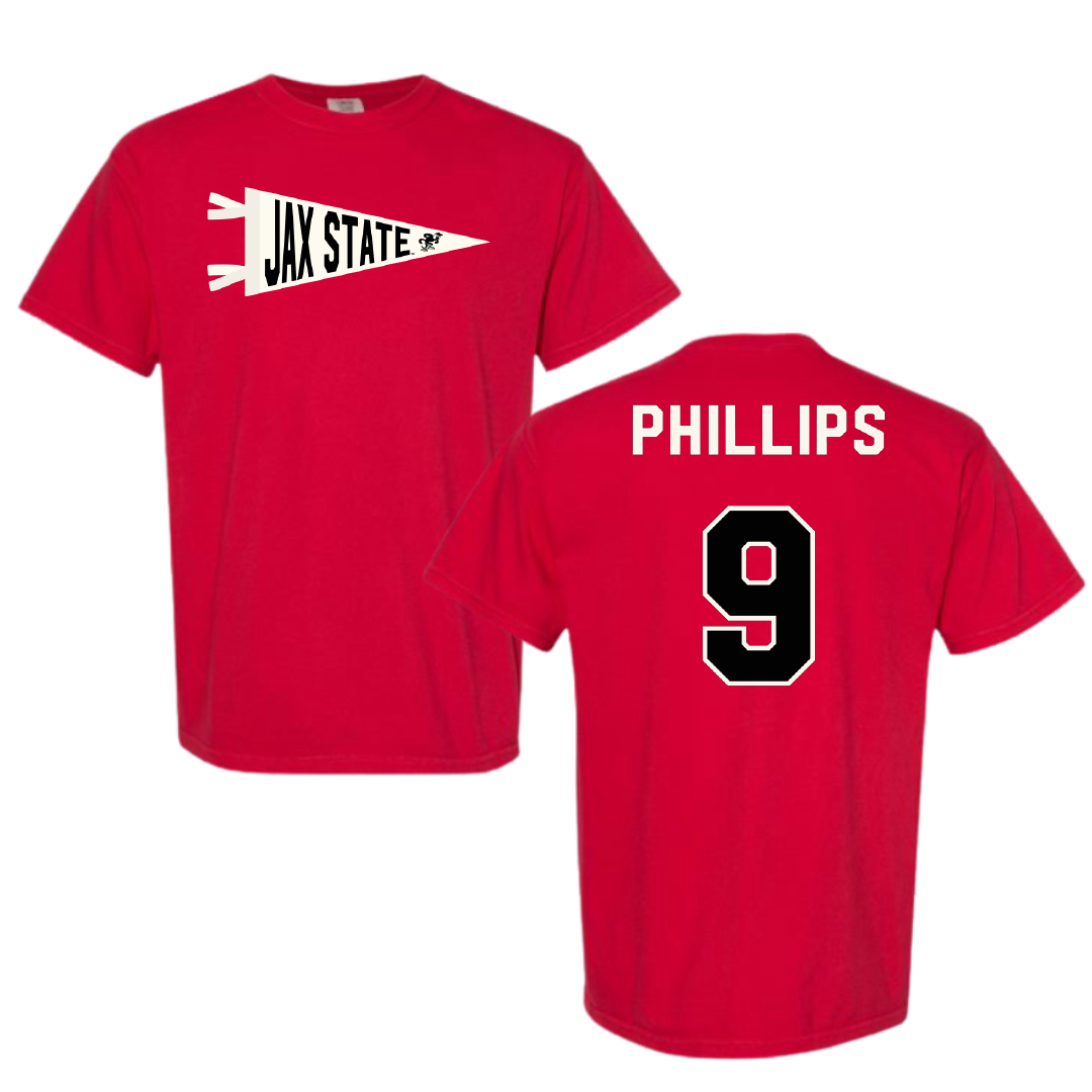 Jacksonville State University Softball Red Pennant Comfort Colors Tee - #9 Ashley Phillips