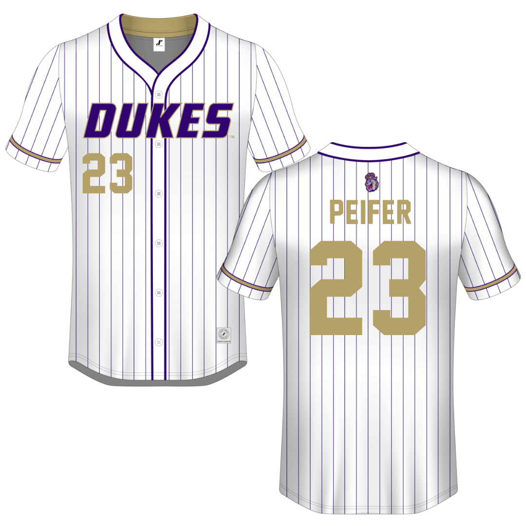 James Madison University White Pinstripe Button-Down Jersey - #23 Wyatt Peifer