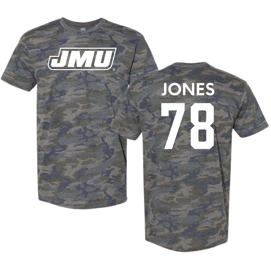 James Madison University Football Vintage Camo Tee - #78 Cameron Jones