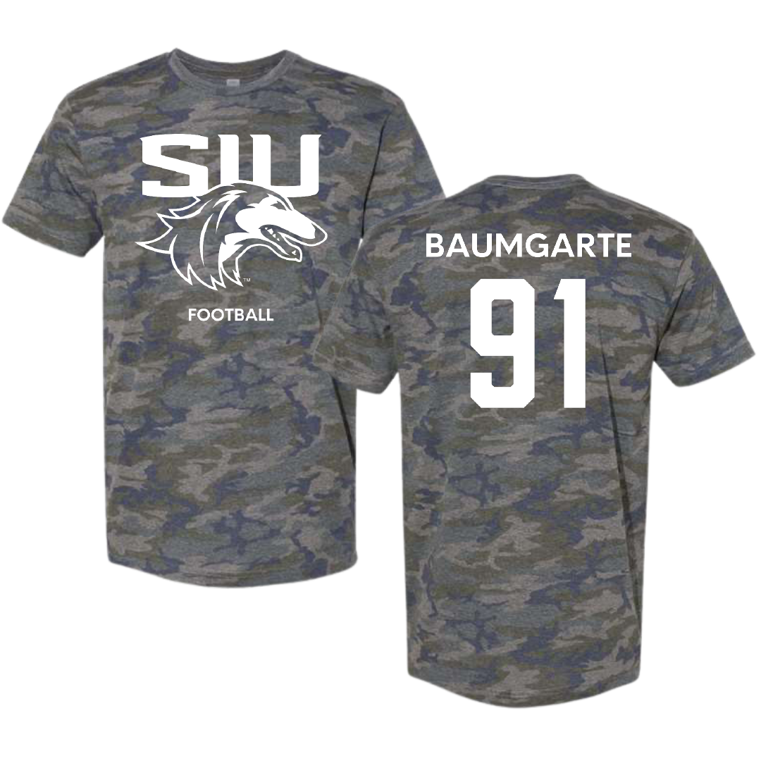 Southern Illinois University at Carbondale Football Vintage Camo Tee - #91 Jake Baumgarte