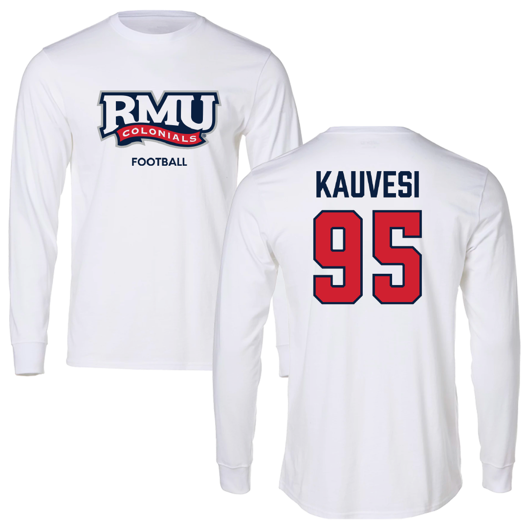 Robert Morris University Football White Long Sleeve - #95 Josh Kauvesi