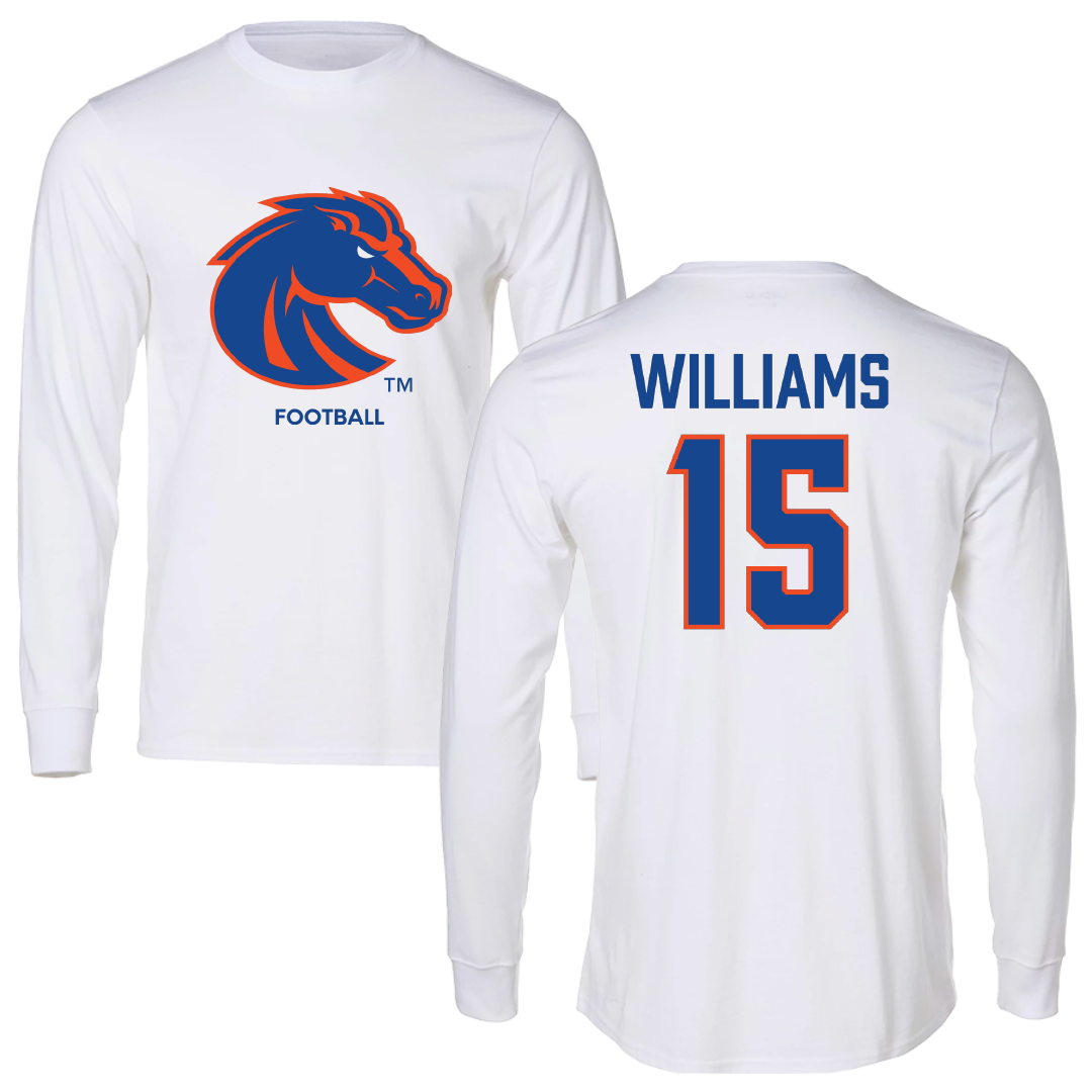 Boise State University Football White Performance Long Sleeve - #15 Malakai Williams