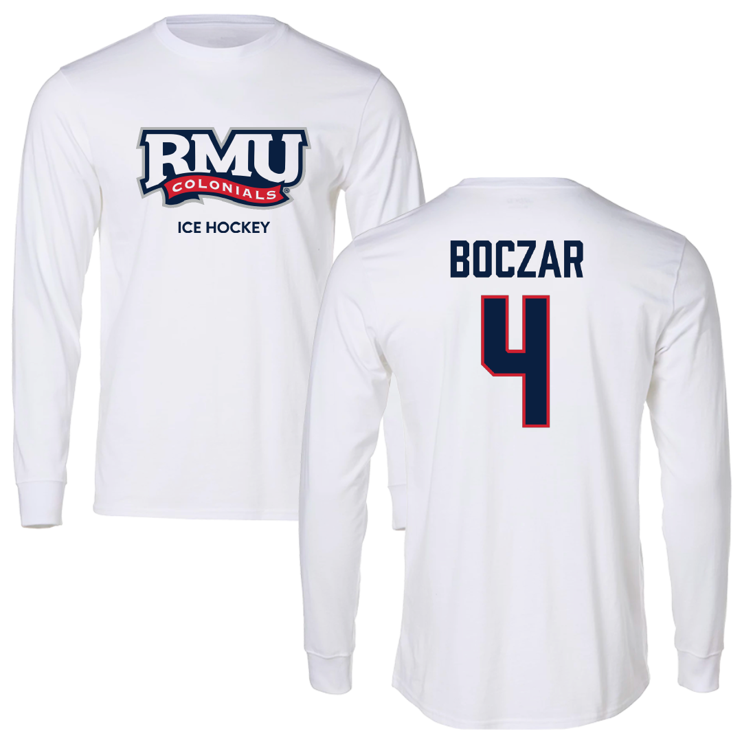 Robert Morris University Ice Hockey (M) White Mascot Long Sleeve - #4 Matt Boczar