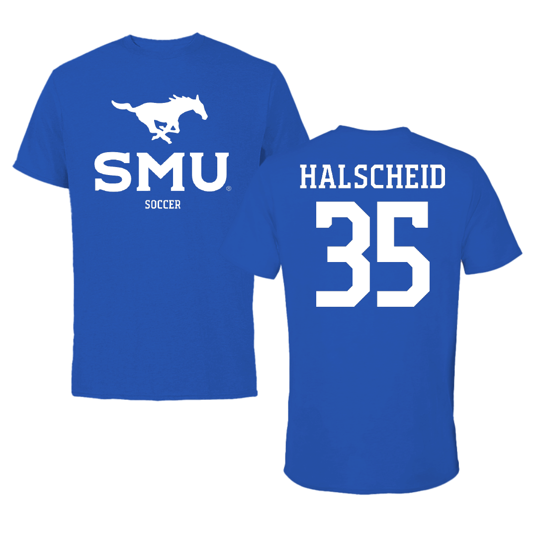 Southern Methodist University Soccer (W) Blue Mascot Tee - #35 Hayden Halscheid