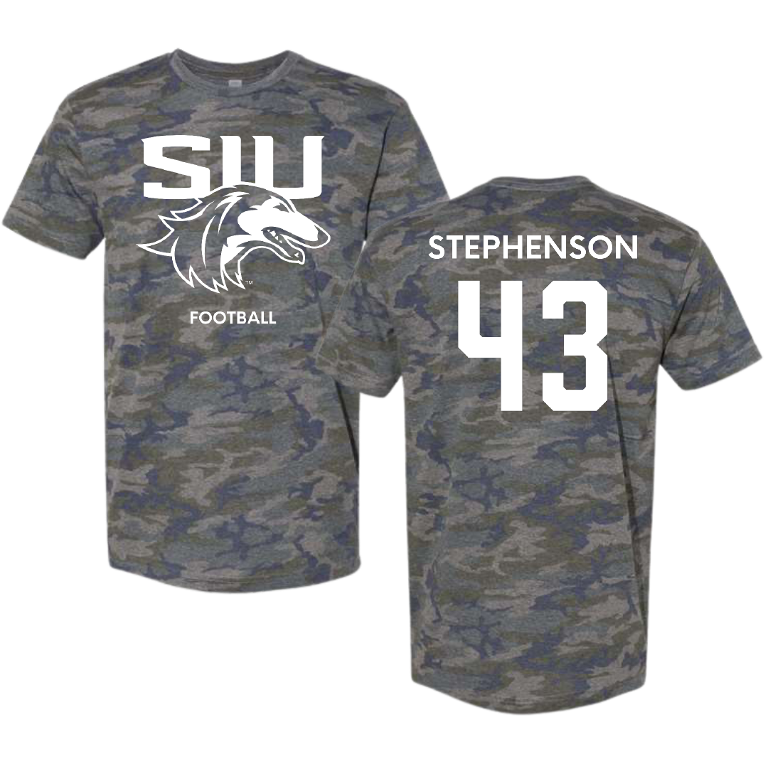 Southern Illinois University at Carbondale Football Vintage Camo Tee - #43 Cade Stephenson