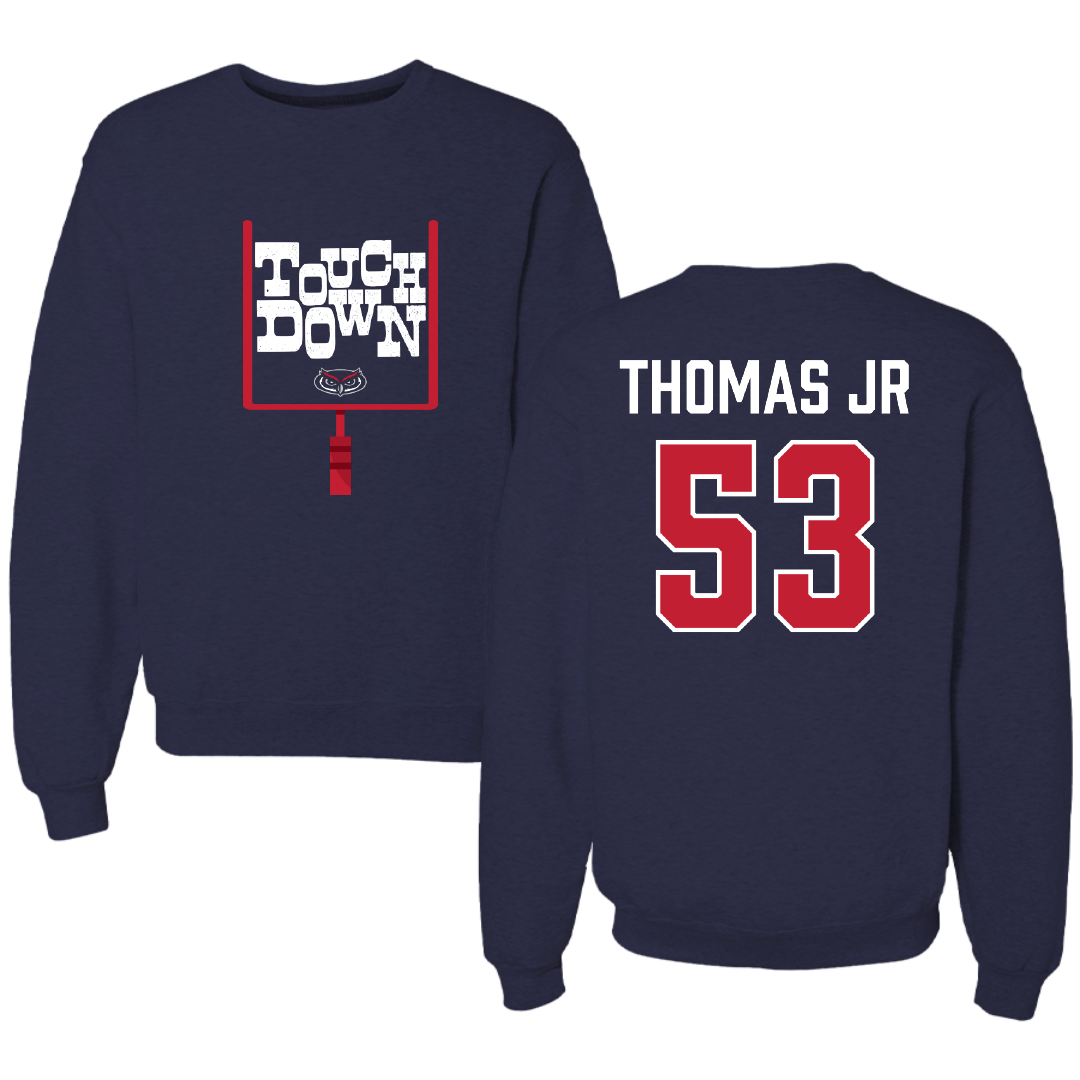 Florida Atlantic University Football Navy Touchdown Crewneck - #53 Richard Thomas Jr