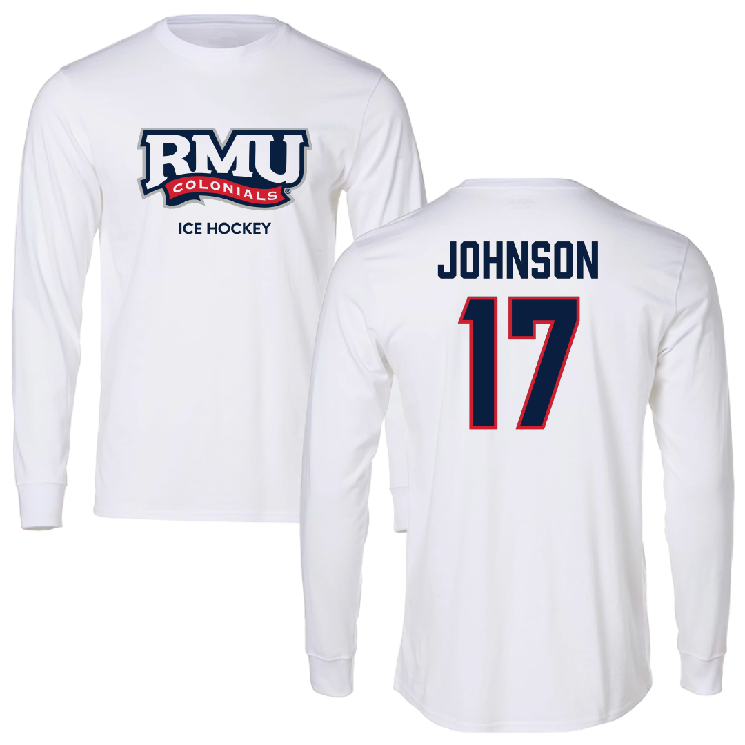Robert Morris University Ice Hockey (M) White Mascot Performance Long Sleeve - #17 Patrick Johnson