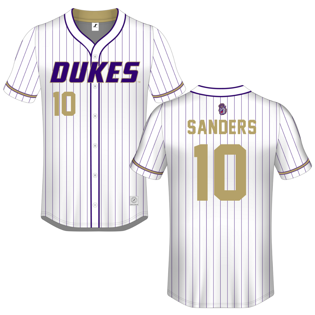James Madison University White Pinstripe Button-Down Jersey - #10 Carsen Sanders