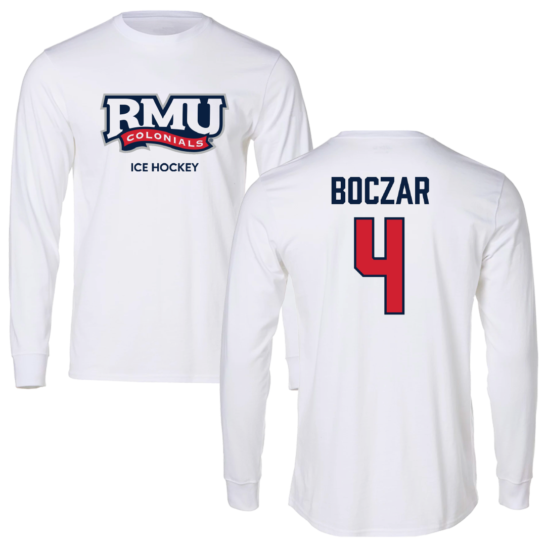 Robert Morris University Ice Hockey (M) White Performance Long Sleeve - #4 Matt Boczar