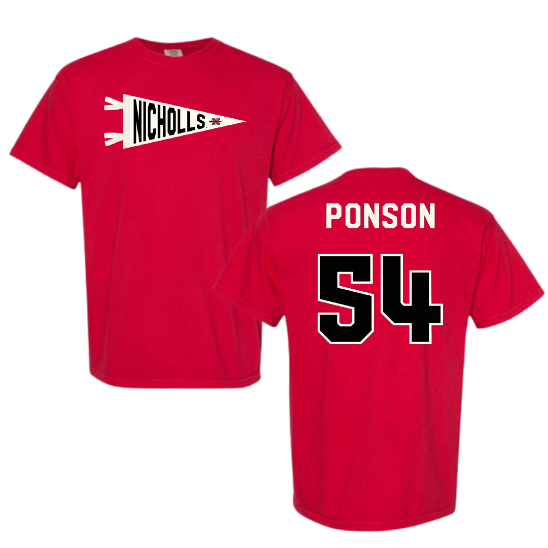 Nicholls State University Football Red Pennant Comfort Colors Tee - #54 Aaron Ponson