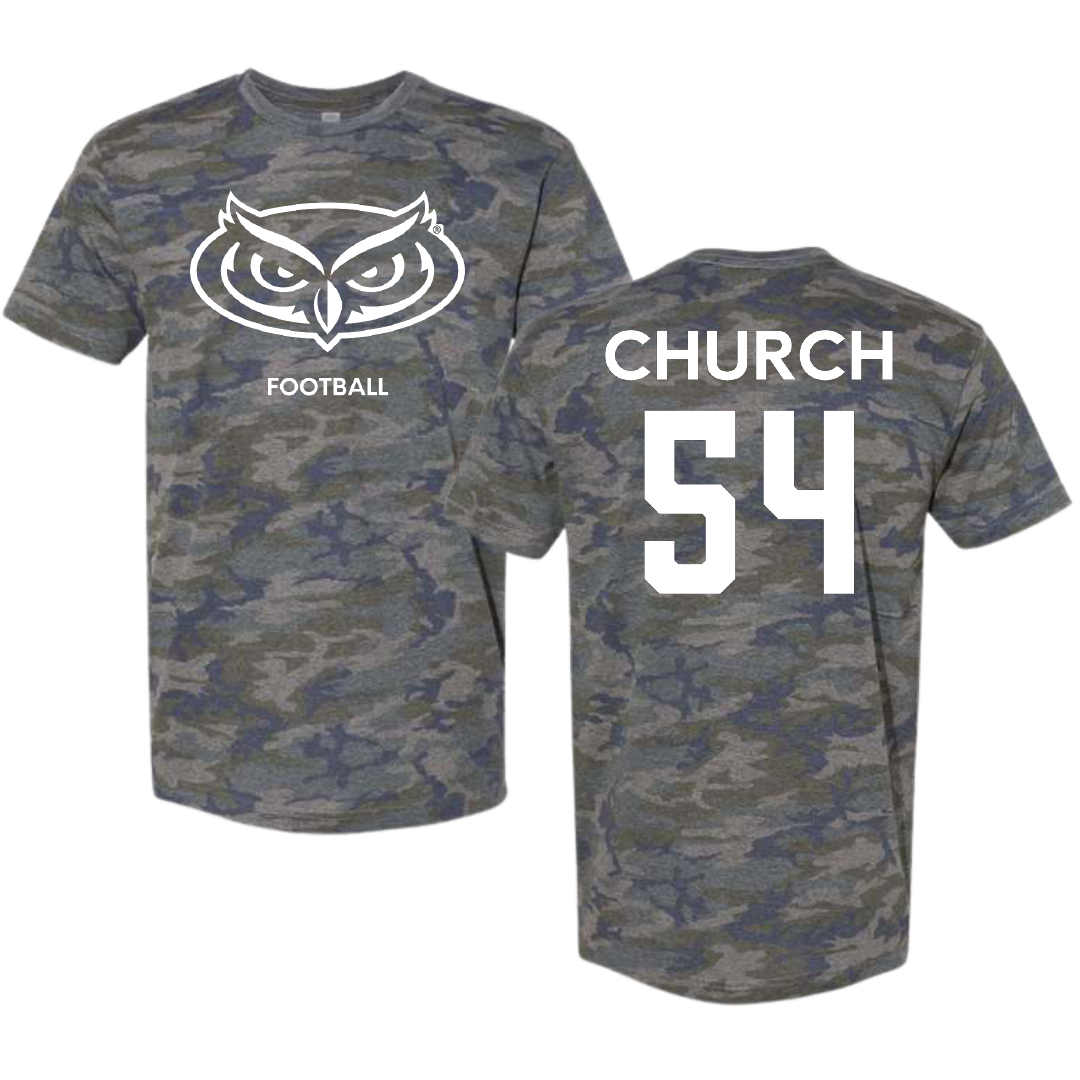 Florida Atlantic University Football Vintage Camo Tee - #54 Jordan Church