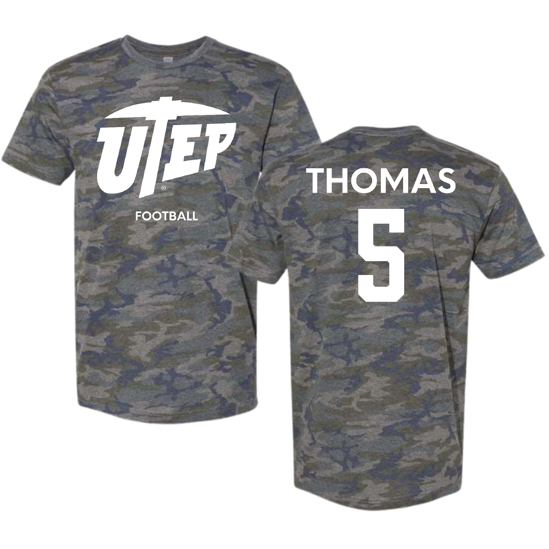 University of Texas at El Paso Football Vintage Camo Tee - #5 Kam Thomas