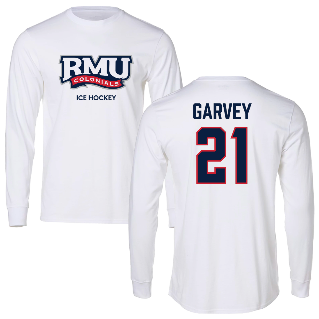 Robert Morris University Ice Hockey (M) White Mascot Performance Long Sleeve - #21 Cameron Garvey