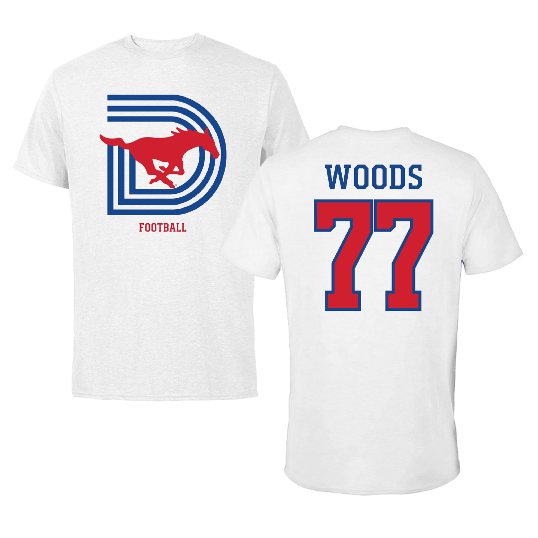 Southern Methodist University Football White Tee - #77 Alex Woods