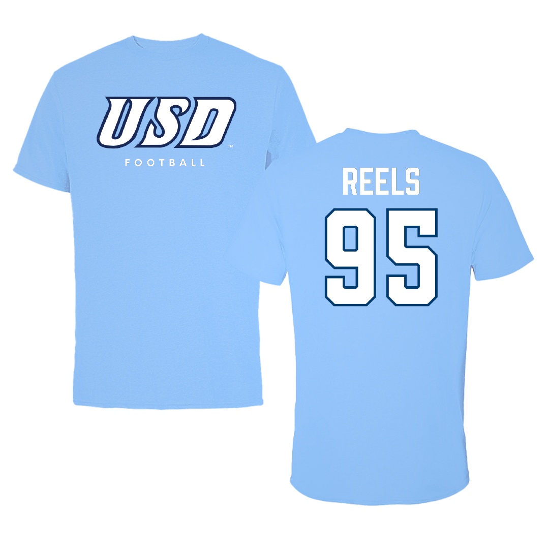 University of San Diego Football Carolina Blue Tee - #95 Jae’Von Reels