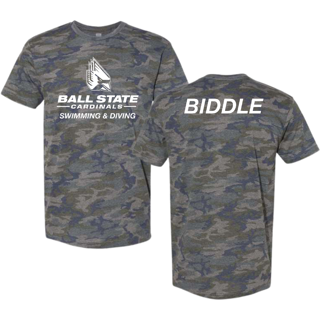 Ball State University Swimming & Diving Vintage Camo Tee - Aidan Biddle