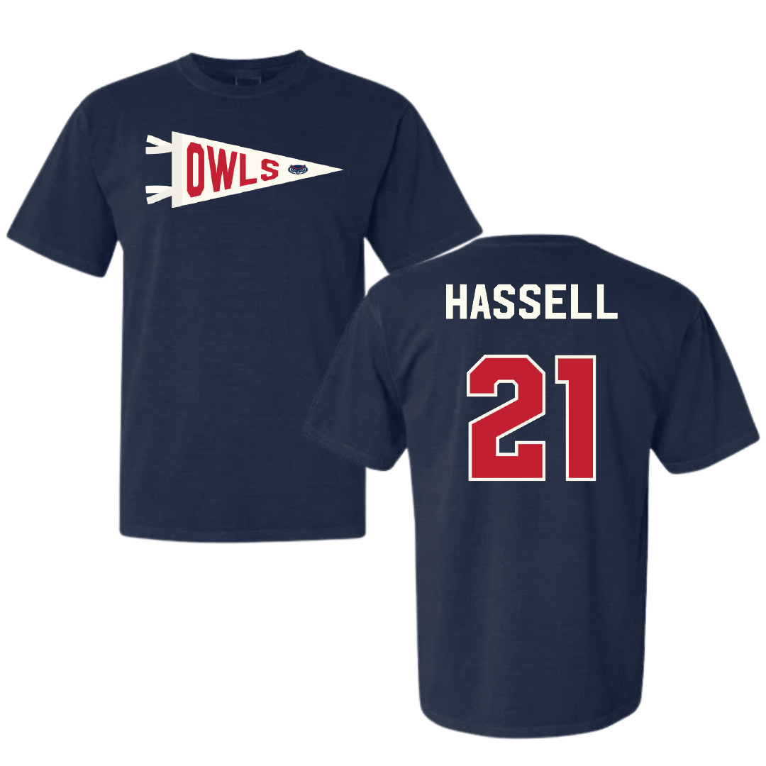 Florida Atlantic University Soccer Navy Pennant Comfort Colors Tee - #21 Zach Hassell