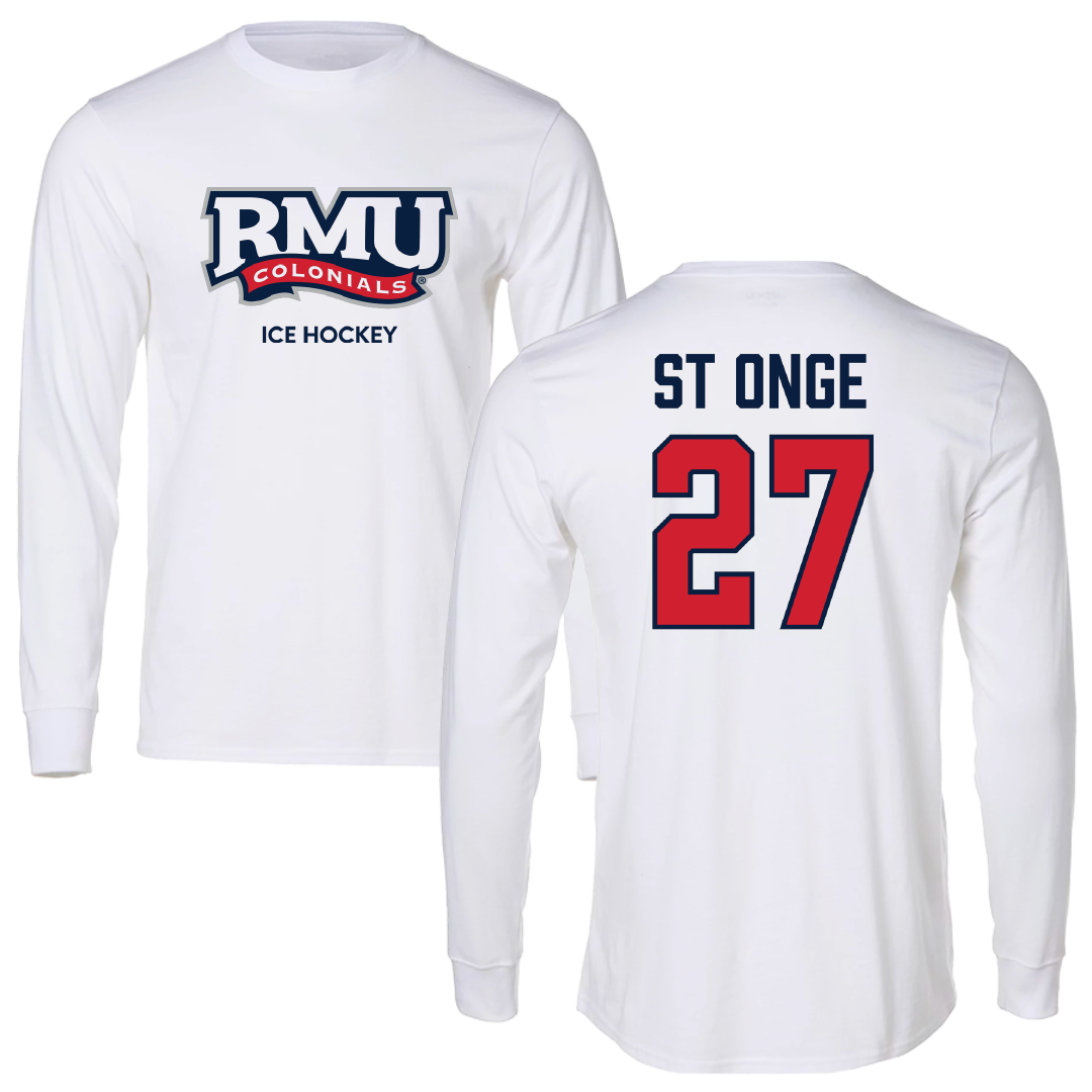 Robert Morris University Ice Hockey (M) White Performance Long Sleeve - #27 Rylee St Onge