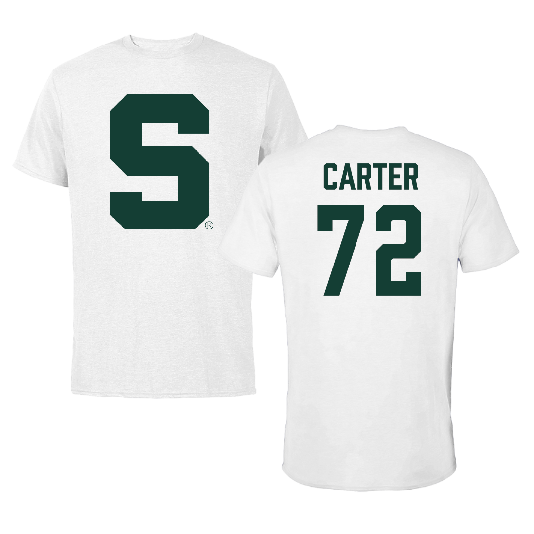 Michigan State University Football White Tee - #72 Caleb Carter