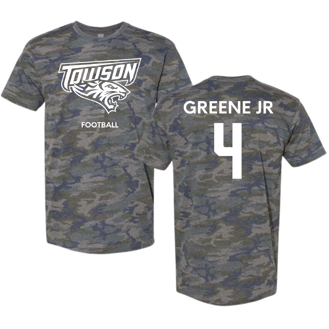Towson University Football Vintage Camo Tee - #4 Tyrell Greene Jr