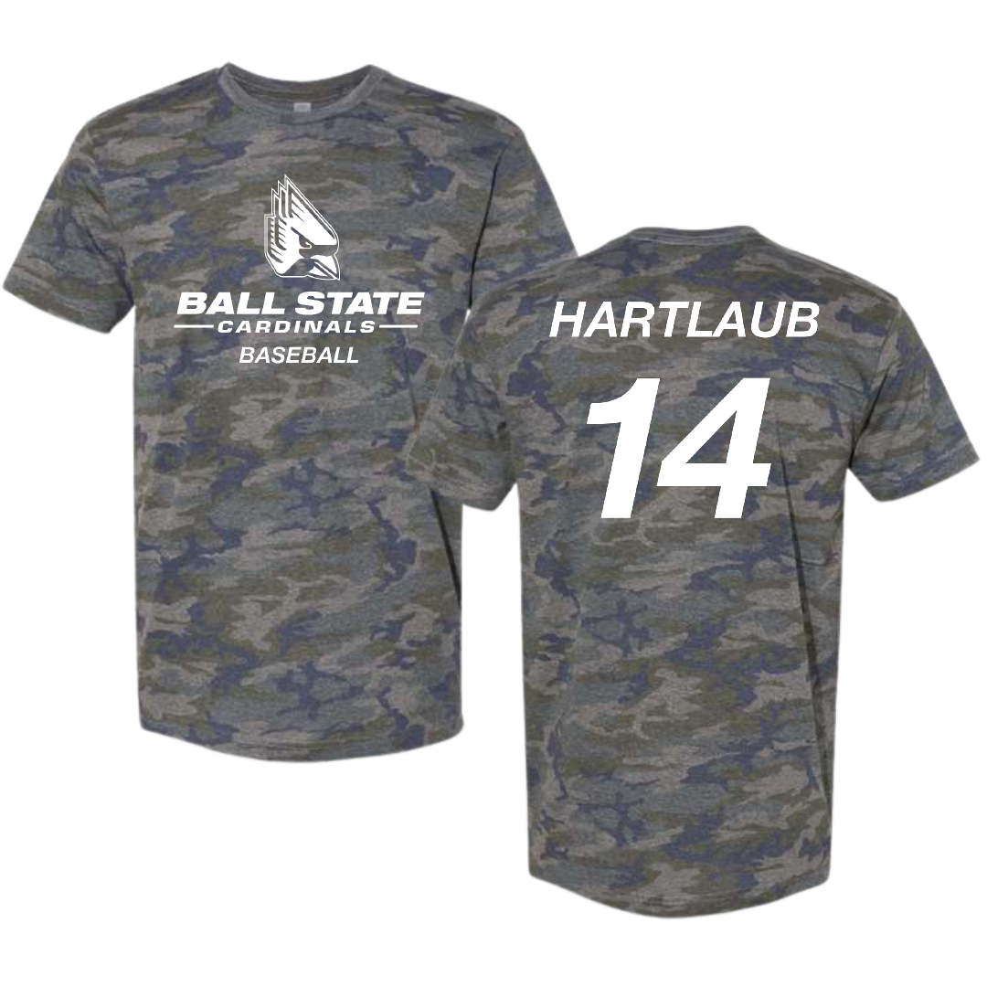Ball State University Baseball Vintage Camo Tee - #14 Jacob Hartlaub