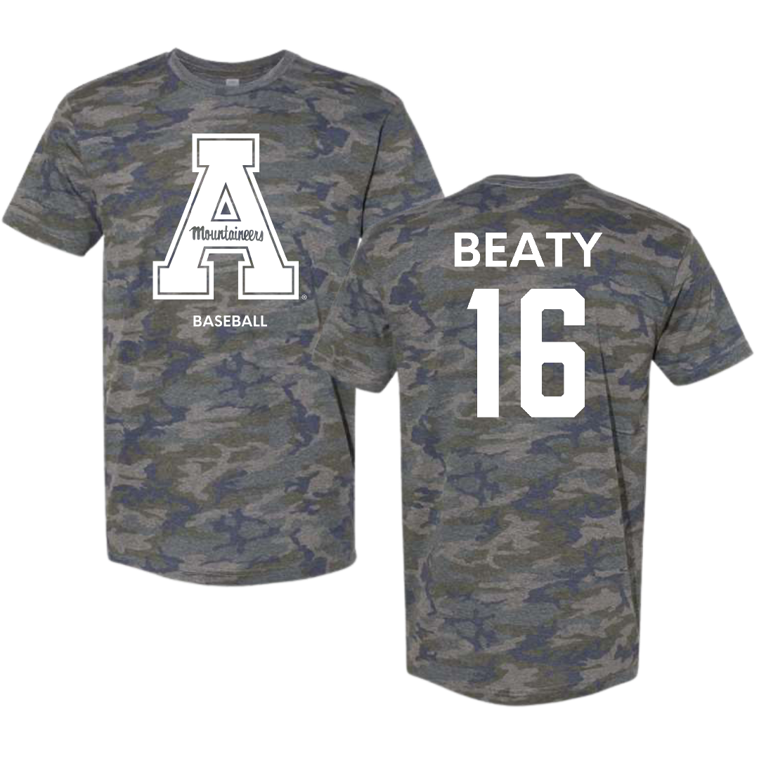 Appalachian State University Baseball Vintage Camo Tee - #16 Jake Beaty