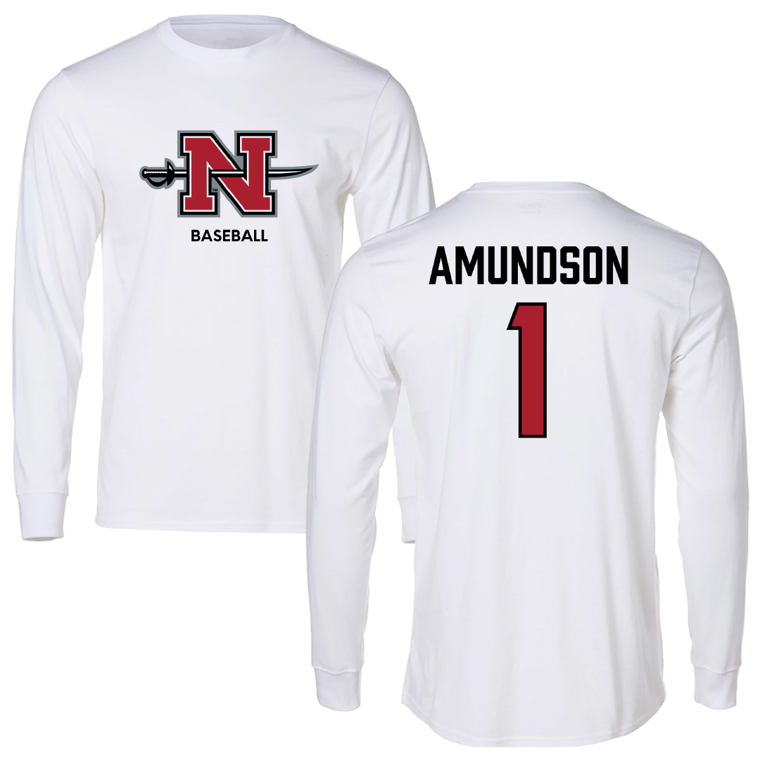 Nicholls State University Baseball White Performance Long Sleeve - #1 Kaden Amundson