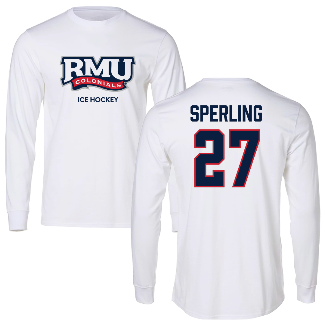 Robert Morris University Ice Hockey (W) White Mascot Performance Long Sleeve - #27 Chace Sperling