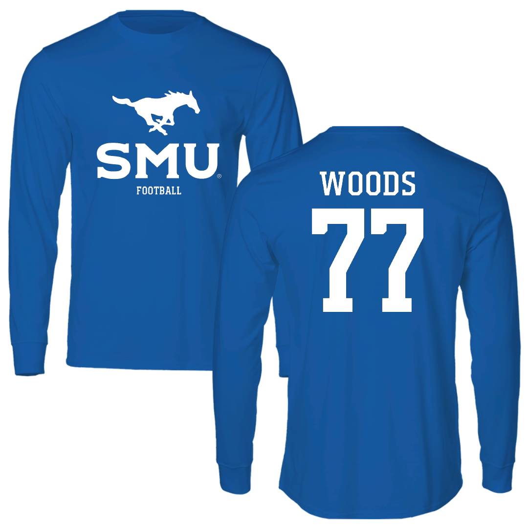 Southern Methodist University Football Blue Mascot Long Sleeve - #77 Alex Woods