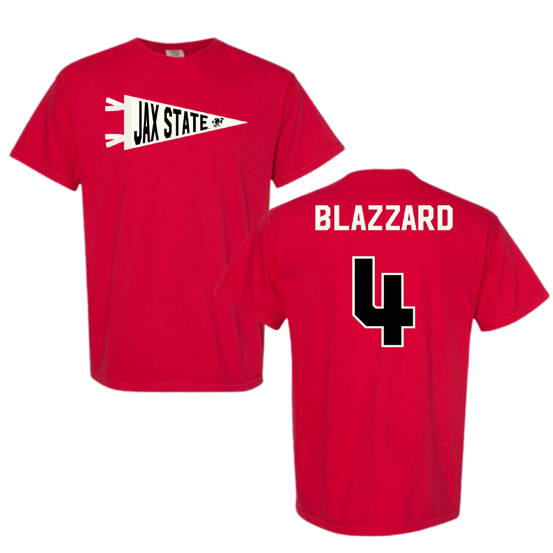 Jacksonville State University Volleyball Red Pennant Comfort Colors Tee - #4 Morgan Blazzard