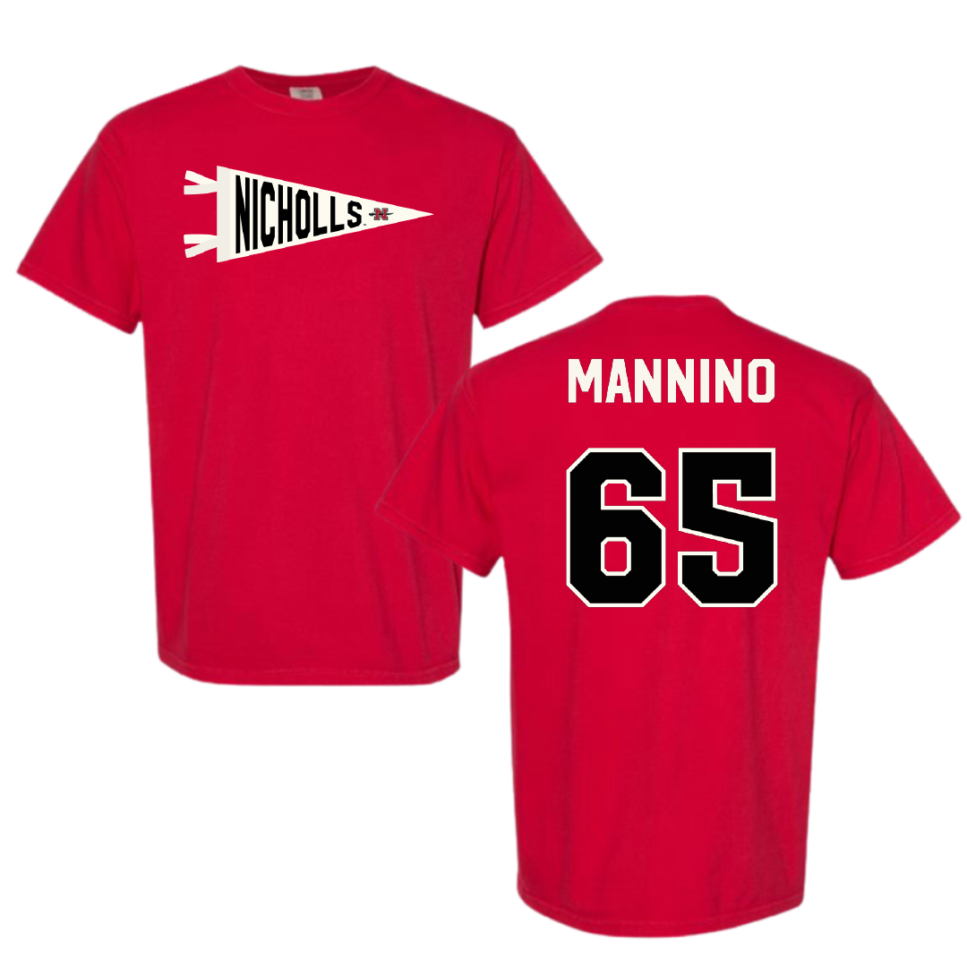 Nicholls State University Football Red Pennant Comfort Colors Tee - #65 Christian Mannino