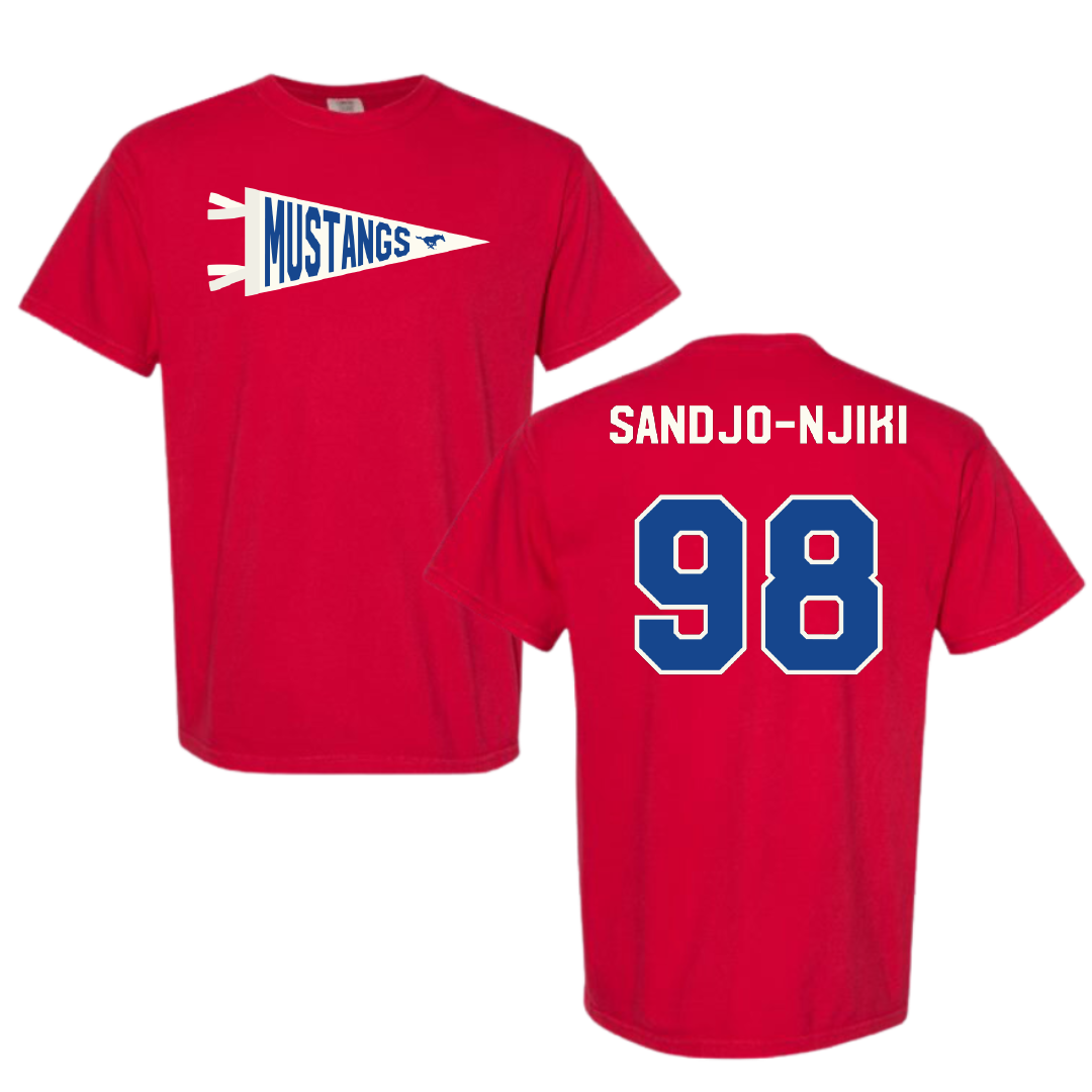 Southern Methodist University Football Red Pennant Comfort Colors Tee - #98 Mike Sandjo-Njiki
