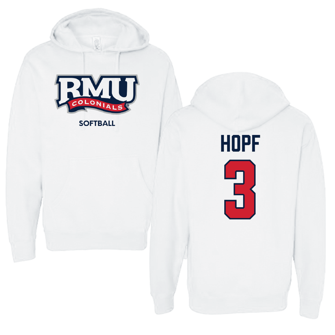 Robert Morris University Softball White Colonials Hoodie - #3 Kaylyn Hopf