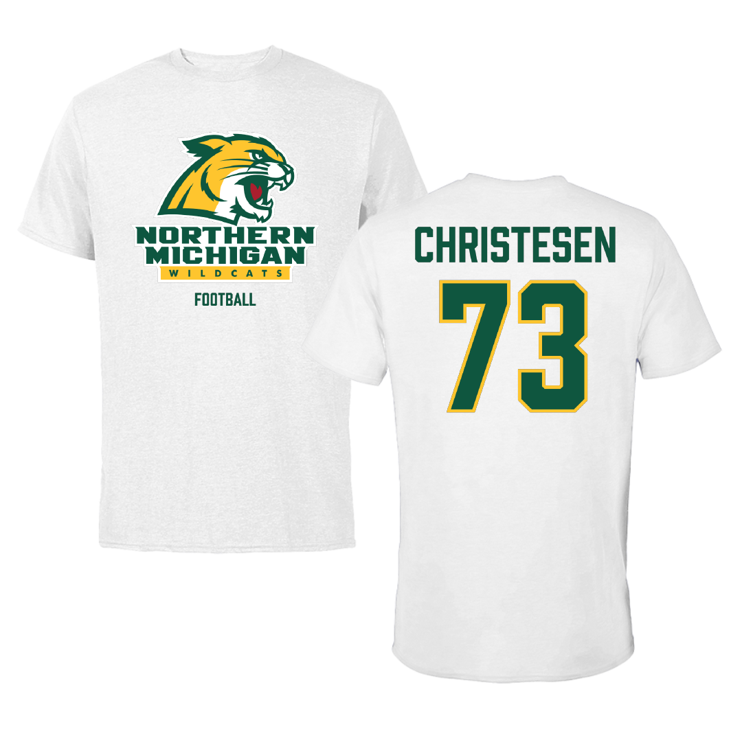 Northern Michigan University Football White Tee - #73 Charlie Christesen