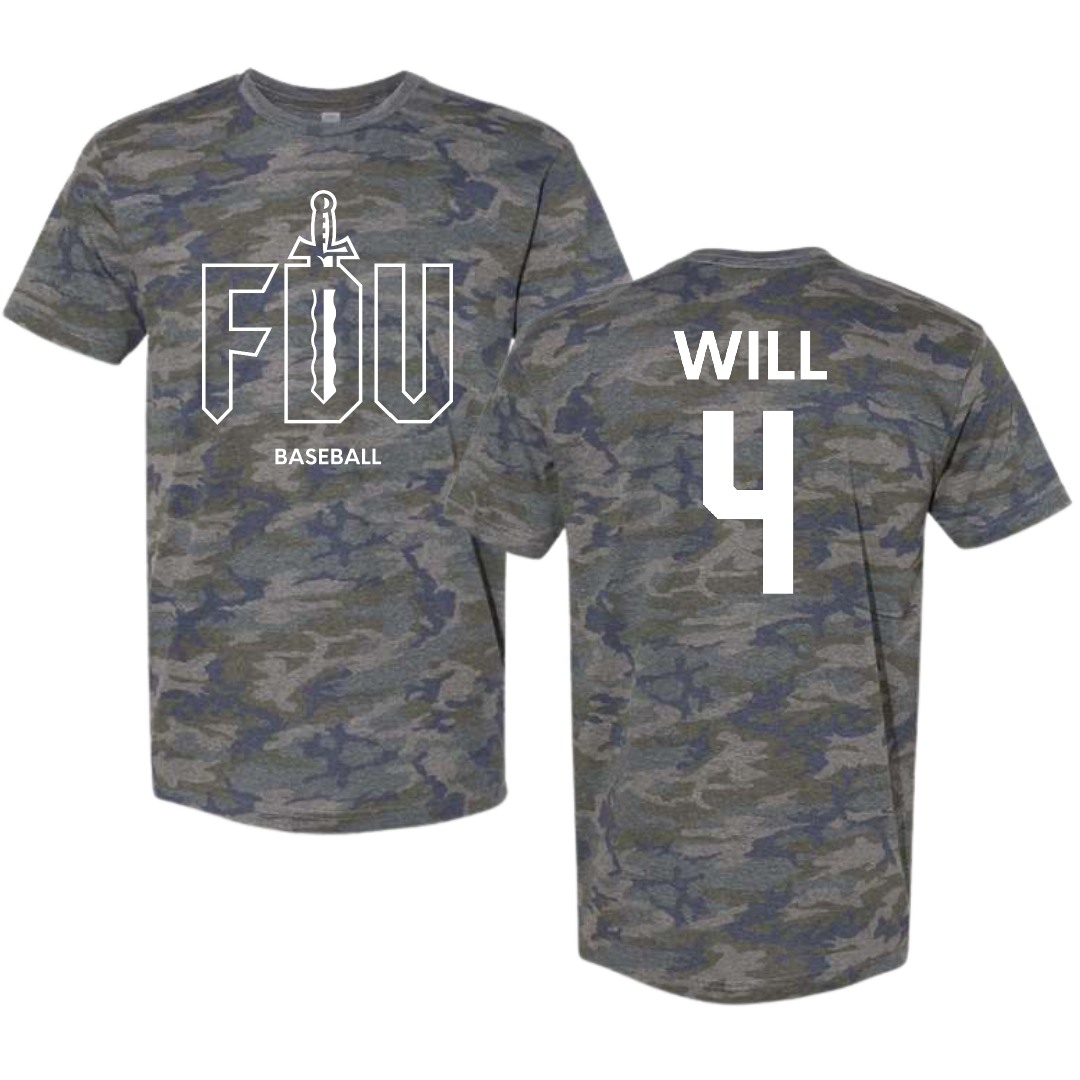 Fairleigh Dickinson University-Metropolitan Campus Baseball Vintage Camo Tee - #4 Zack Will