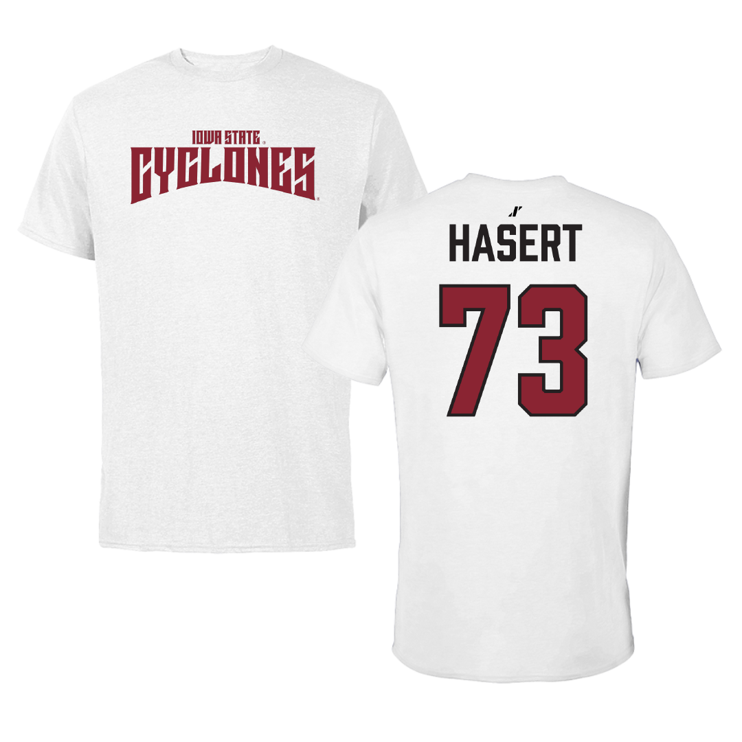 Iowa State University Football White Classic Performance Tee - #73 Deylin Hasert