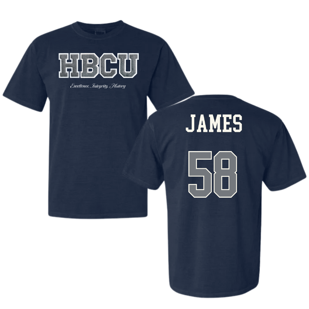 Jackson State University Football Navy HBCU Varsity Comfort Colors Tee - #58 Cameron James