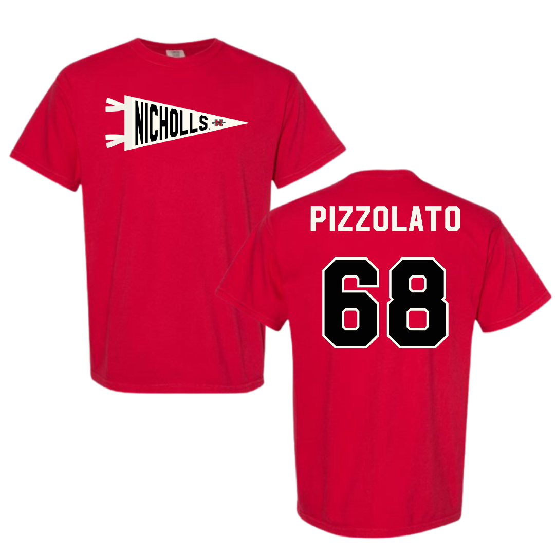 Nicholls State University Football Red Pennant Comfort Colors Tee - #68 Robbie Pizzolato