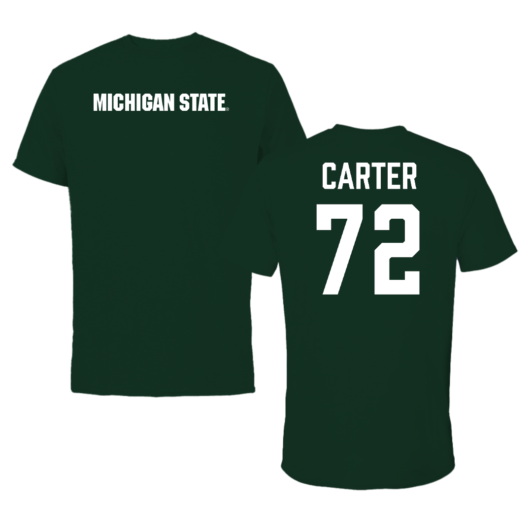 Michigan State University Football Forest Green Tee - #72 Caleb Carter