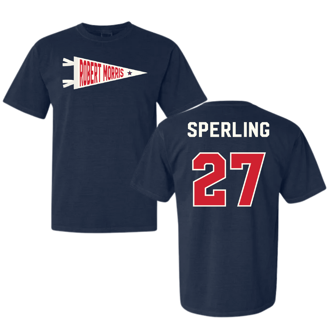 Robert Morris University Ice Hockey Navy Pennant Comfort Colors Tee - #27 Chace Sperling