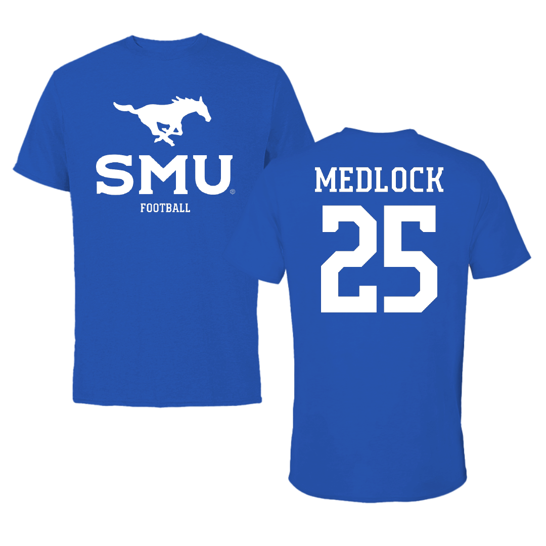 Southern Methodist University Football Blue Mascot Tee - #25 Justin Medlock