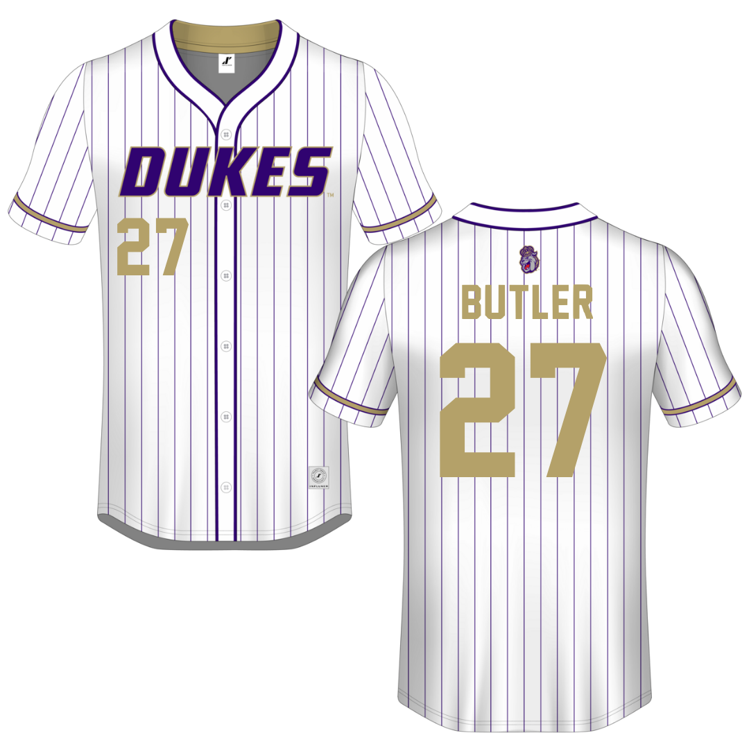 James Madison University White Pinstripe Button-Down Jersey - #27 Reed Butler