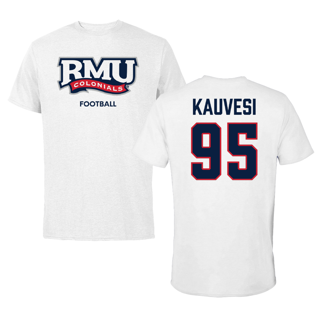 Robert Morris University Football White Tee - #95 Josh Kauvesi
