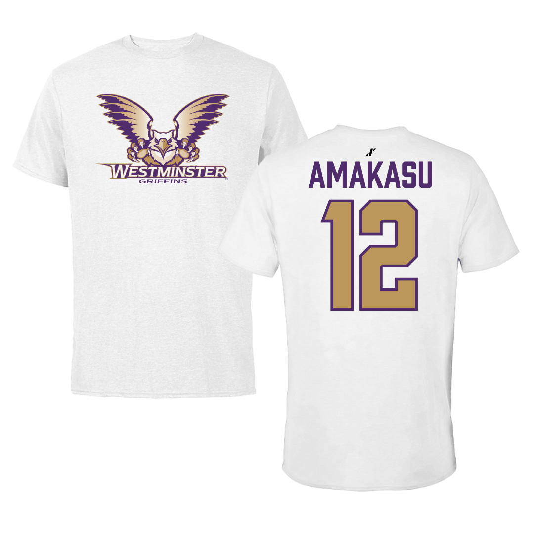 Westminster University (Utah) Basketball White Performance Tee - #12 Peter Amakasu