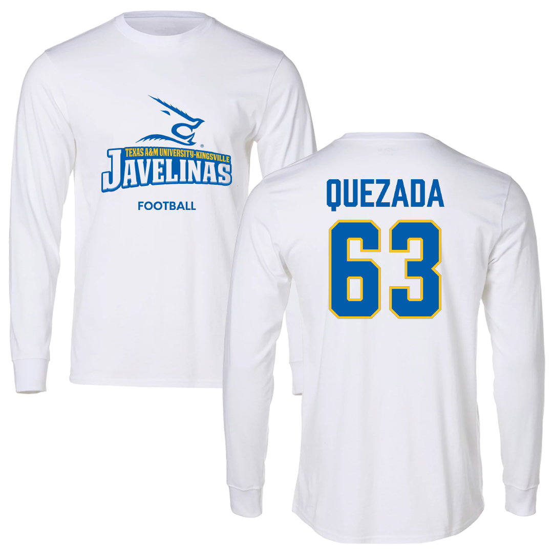 Texas A&M University-Kingsville Football White Performance Long Sleeve - #63 Juan Quezada